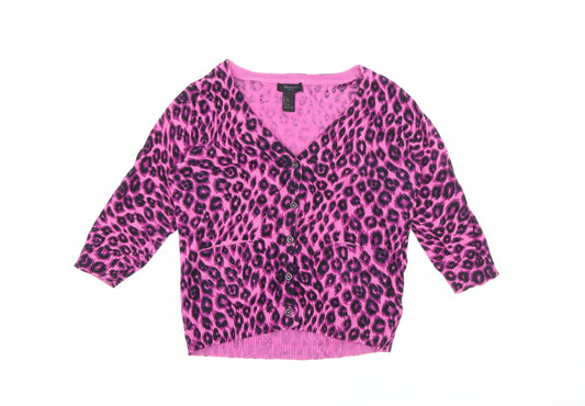 FOREVER 21 Girls Pink V-Neck Animal Print Cotton Cardigan Jumper Size 11-12 Years  Button