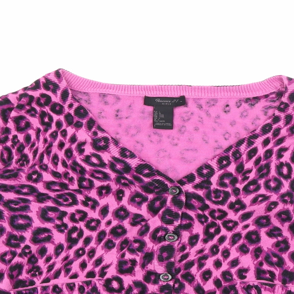 FOREVER 21 Girls Pink V-Neck Animal Print Cotton Cardigan Jumper Size 11-12 Years  Button