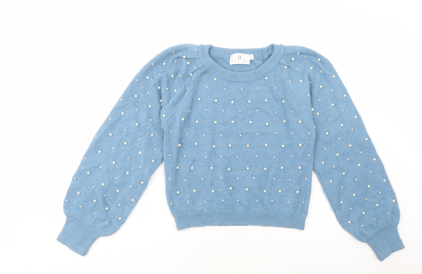Forever Unique Womens Blue Boat Neck  Acrylic Pullover Jumper Size S