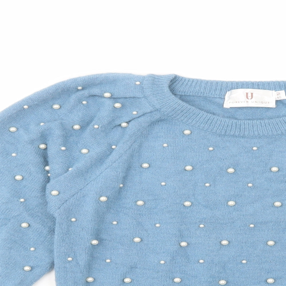 Forever Unique Womens Blue Boat Neck  Acrylic Pullover Jumper Size S