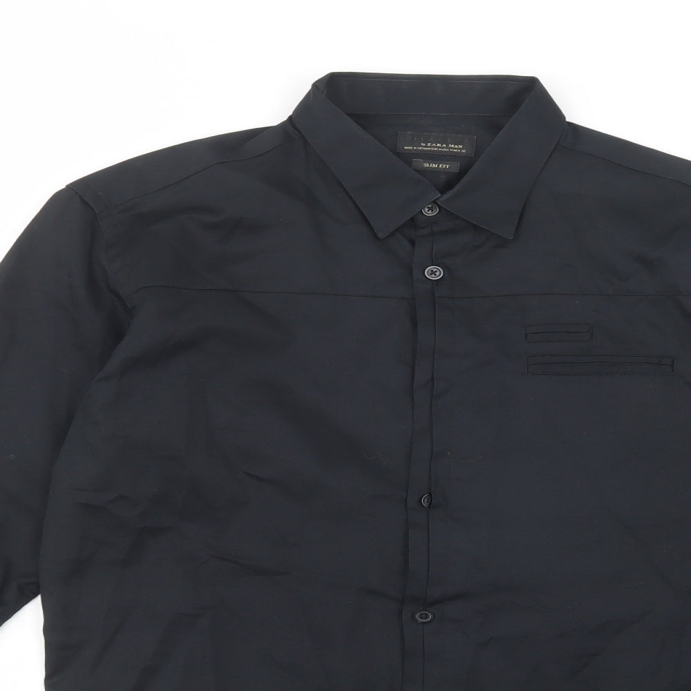 Zara Man Mens Black  Cotton  Dress Shirt Size M Collared Button