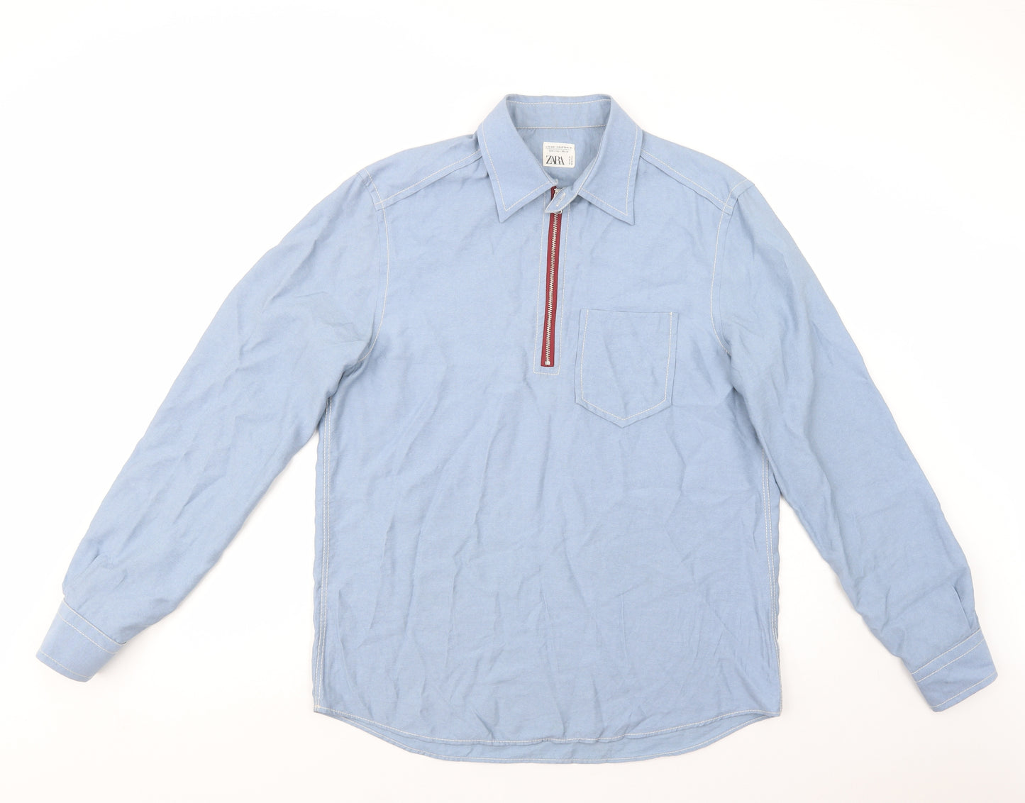 Zara Mens Blue  Viscose  Button-Up Size L Collared Zip