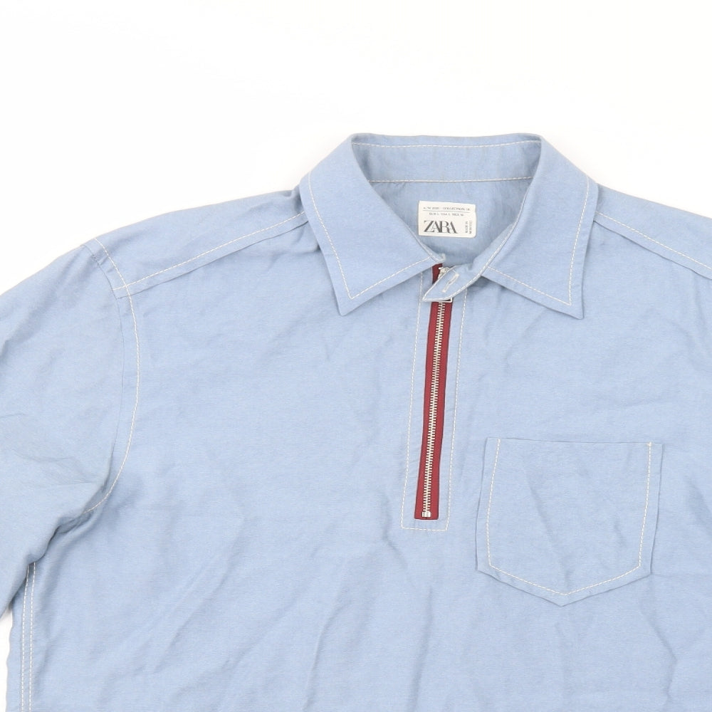 Zara Mens Blue  Viscose  Button-Up Size L Collared Zip