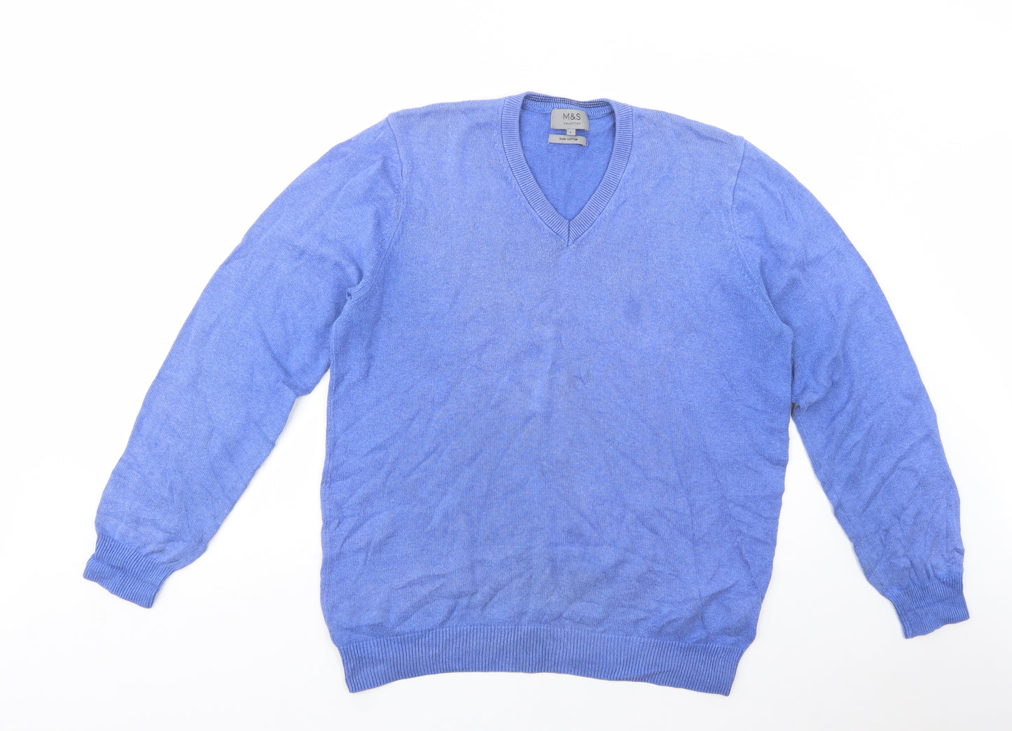 Marks and Spencer Mens Blue V-Neck  Cotton Pullover Jumper Size L