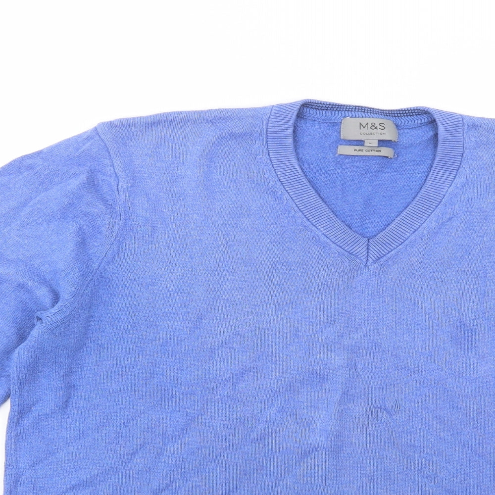 Marks and Spencer Mens Blue V-Neck  Cotton Pullover Jumper Size L