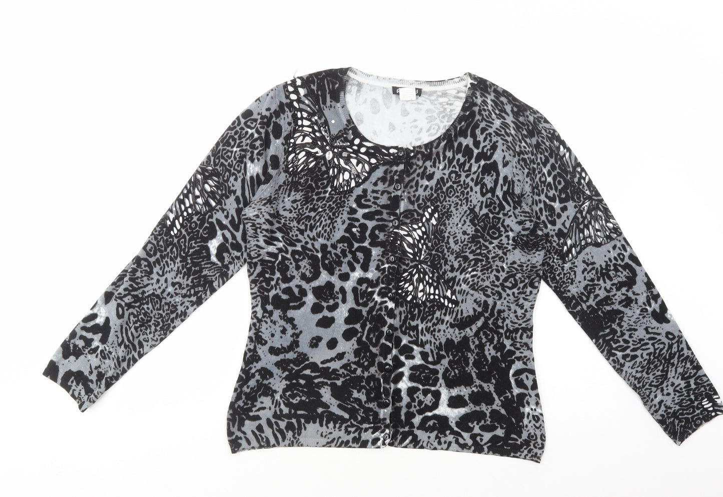 Astrid Womens Grey Scoop Neck Animal Print Viscose Cardigan Jumper Size M