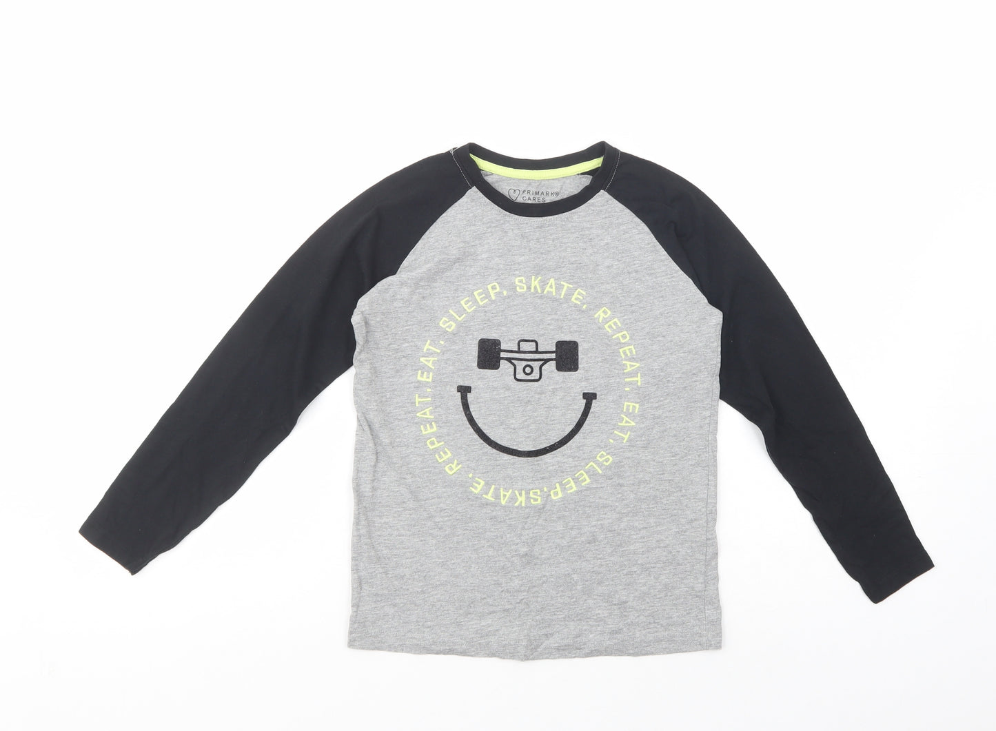 Primark Boys Grey Colourblock Cotton Pullover T-Shirt Size 7-8 Years Crew Neck Pullover - Sleep, Skate