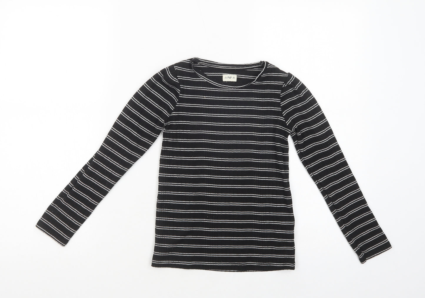 F&F Girls Black Striped Polyester Pullover T-Shirt Size 8-9 Years Crew Neck Pullover