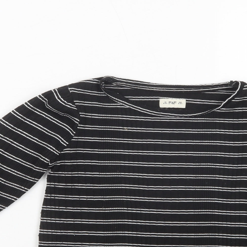 F&F Girls Black Striped Polyester Pullover T-Shirt Size 8-9 Years Crew Neck Pullover