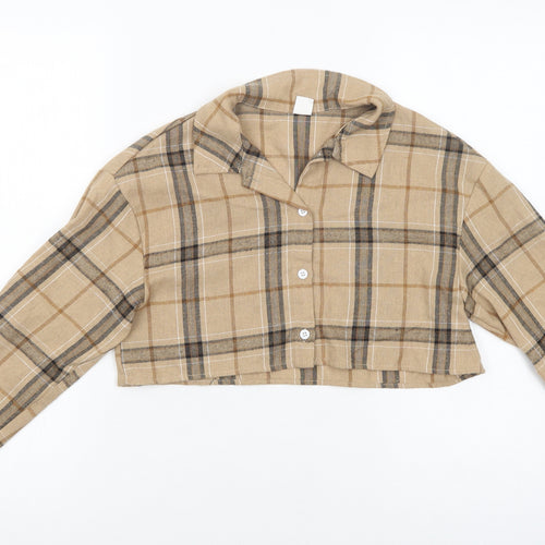 SheIn Girls Beige Plaid Cotton Cropped Button-Up Size 10 Years Collared Button