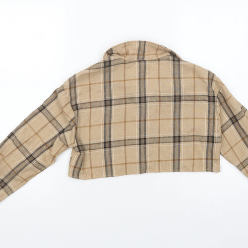 SheIn Girls Beige Plaid Cotton Cropped Button-Up Size 10 Years Collared Button