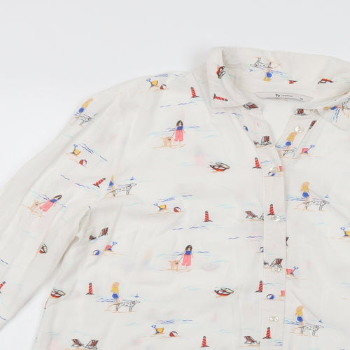 TU Womens White Geometric Viscose Basic Button-Up Size 14 Collared - Beach Walk