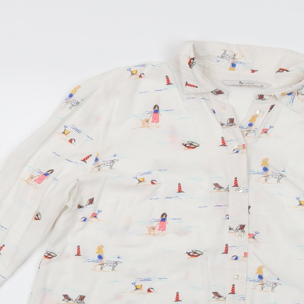TU Womens White Geometric Viscose Basic Button-Up Size 14 Collared - Beach Walk