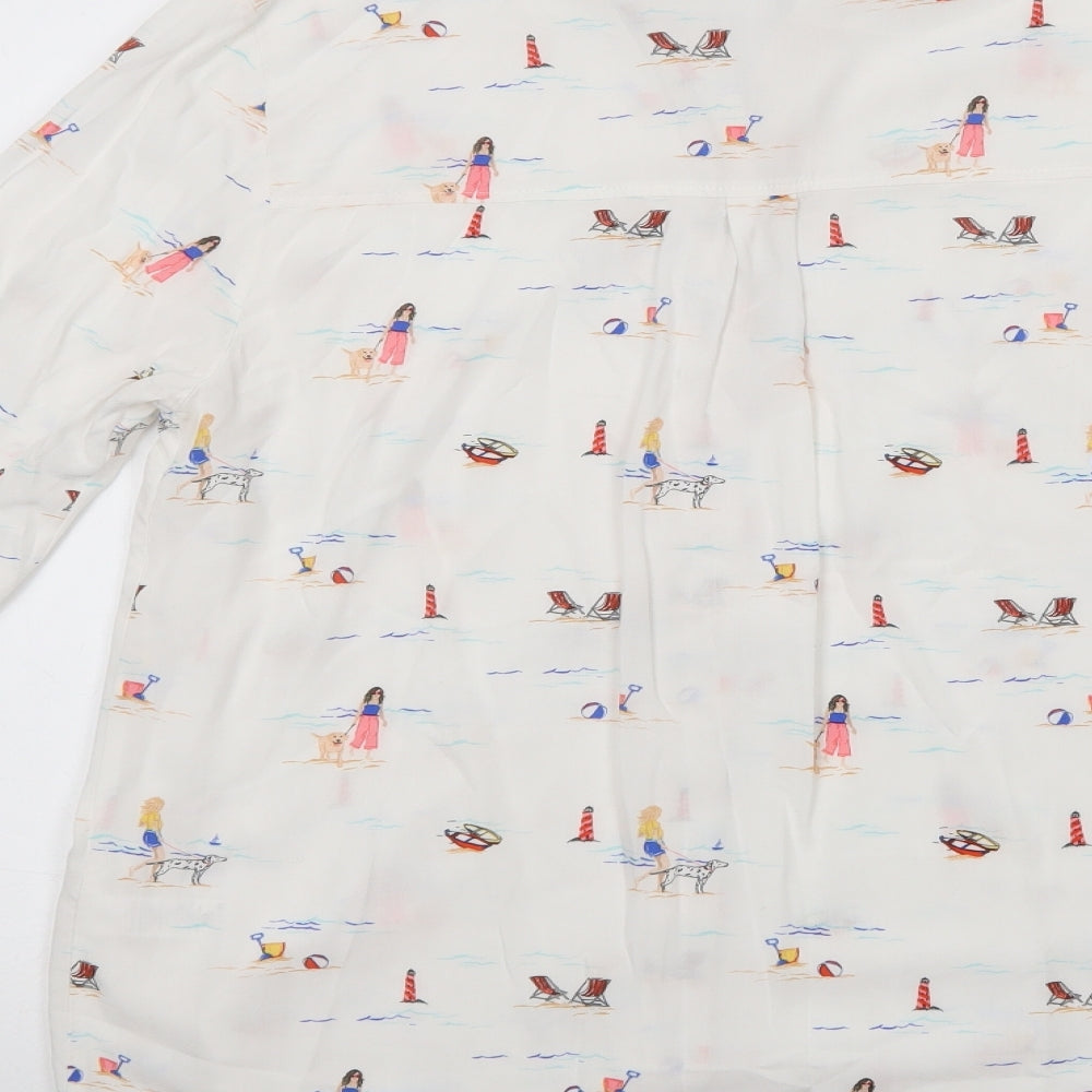 TU Womens White Geometric Viscose Basic Button-Up Size 14 Collared - Beach Walk