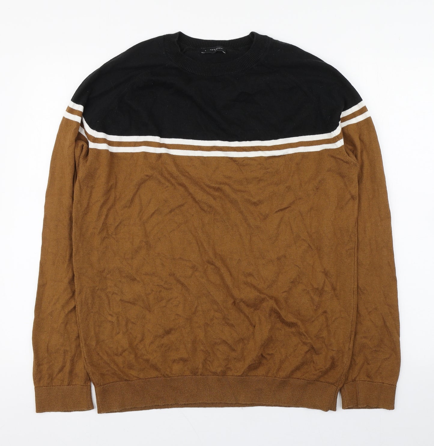 New Look Mens Brown Round Neck Striped Acrylic Pullover Jumper Size L