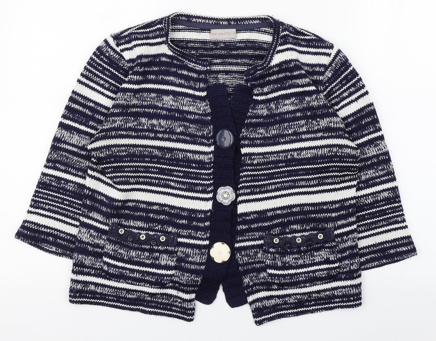 Per Una Womens Blue Round Neck Striped Acrylic Cardigan Jumper Size M