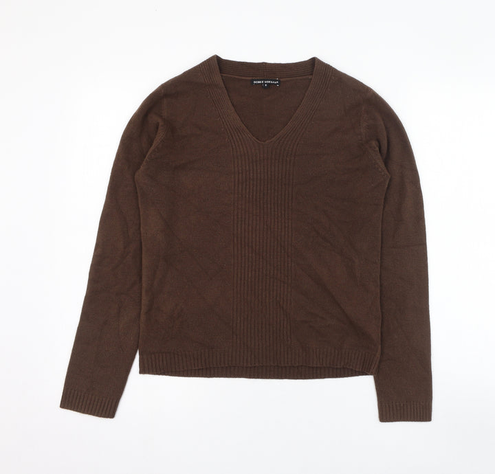 Debbie Morgan Womens Brown V-Neck  Acrylic Pullover Jumper Size S