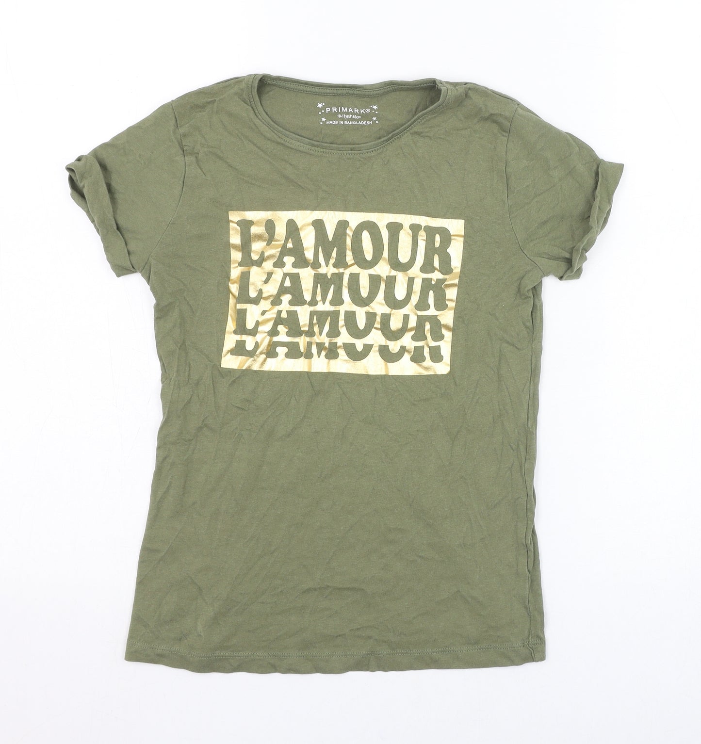 Primark Girls Green  Cotton Basic T-Shirt Size 10-11 Years Round Neck Pullover - L'amour