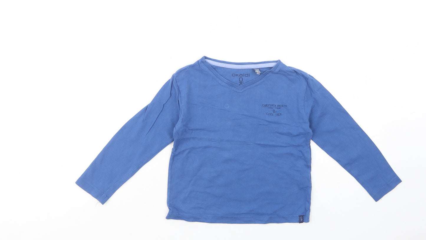 Okaidi Boys Blue  Cotton Basic T-Shirt Size 4 Years V-Neck Pullover