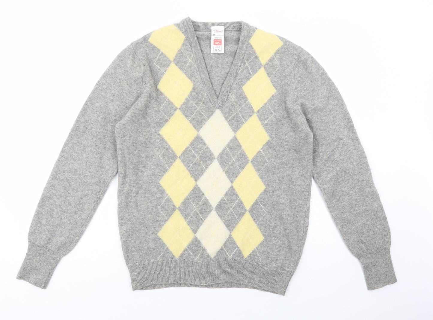St Michael Mens Grey V-Neck Argyle/Diamond Wool Pullover Jumper Size L