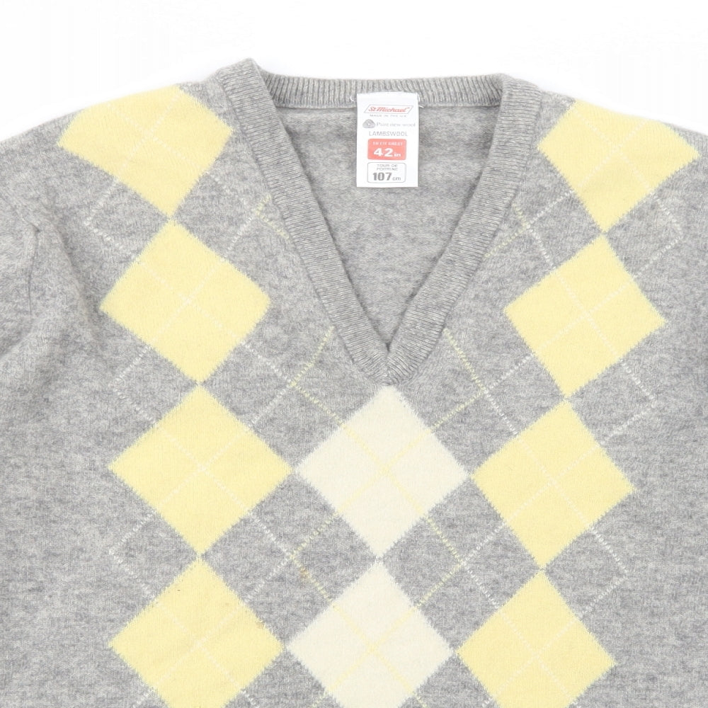 St Michael Mens Grey V-Neck Argyle/Diamond Wool Pullover Jumper Size L