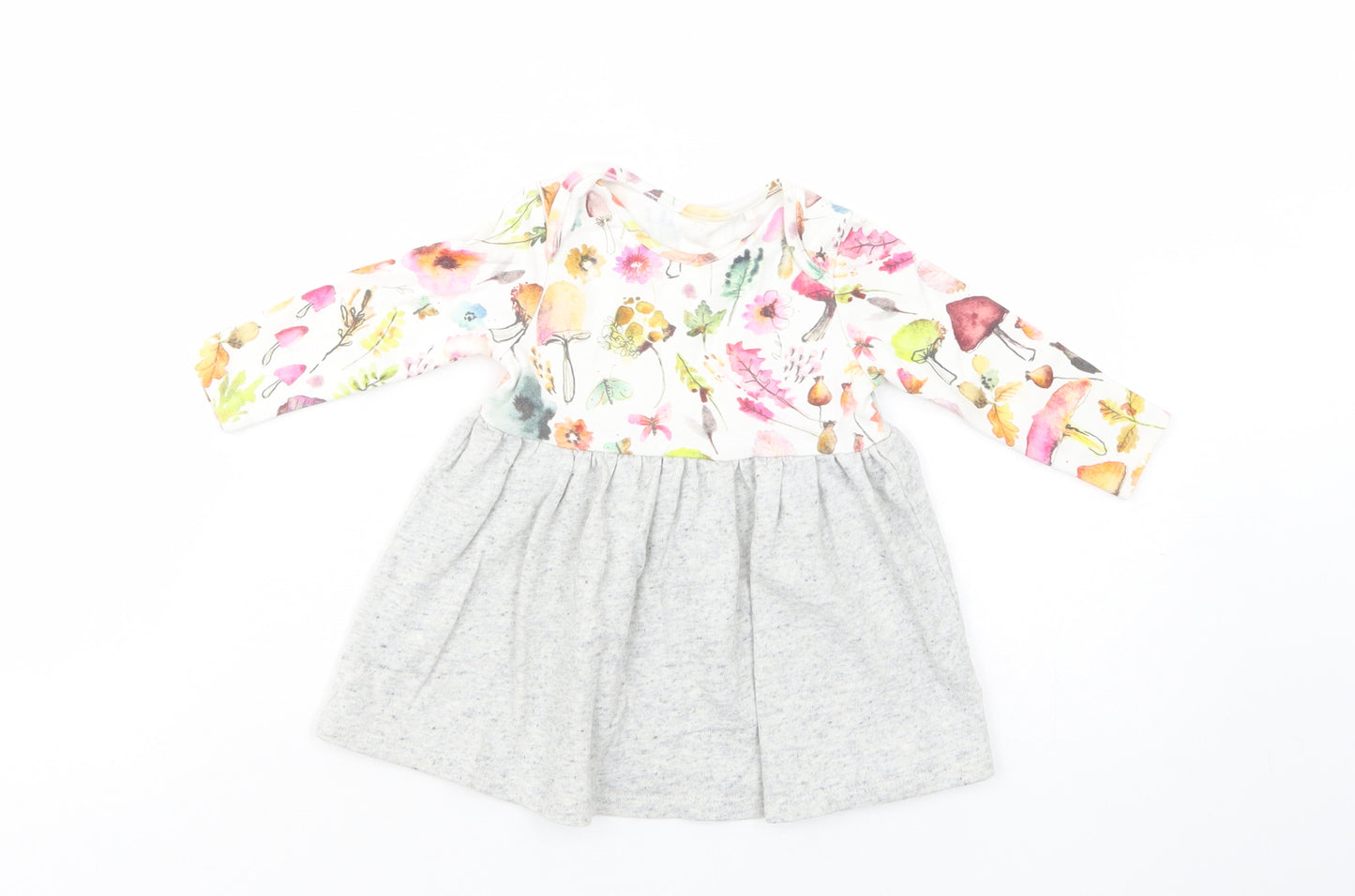 NEXT Baby Grey Floral Cotton Skater Dress  Size 6-9 Months  Crew Neck Pullover