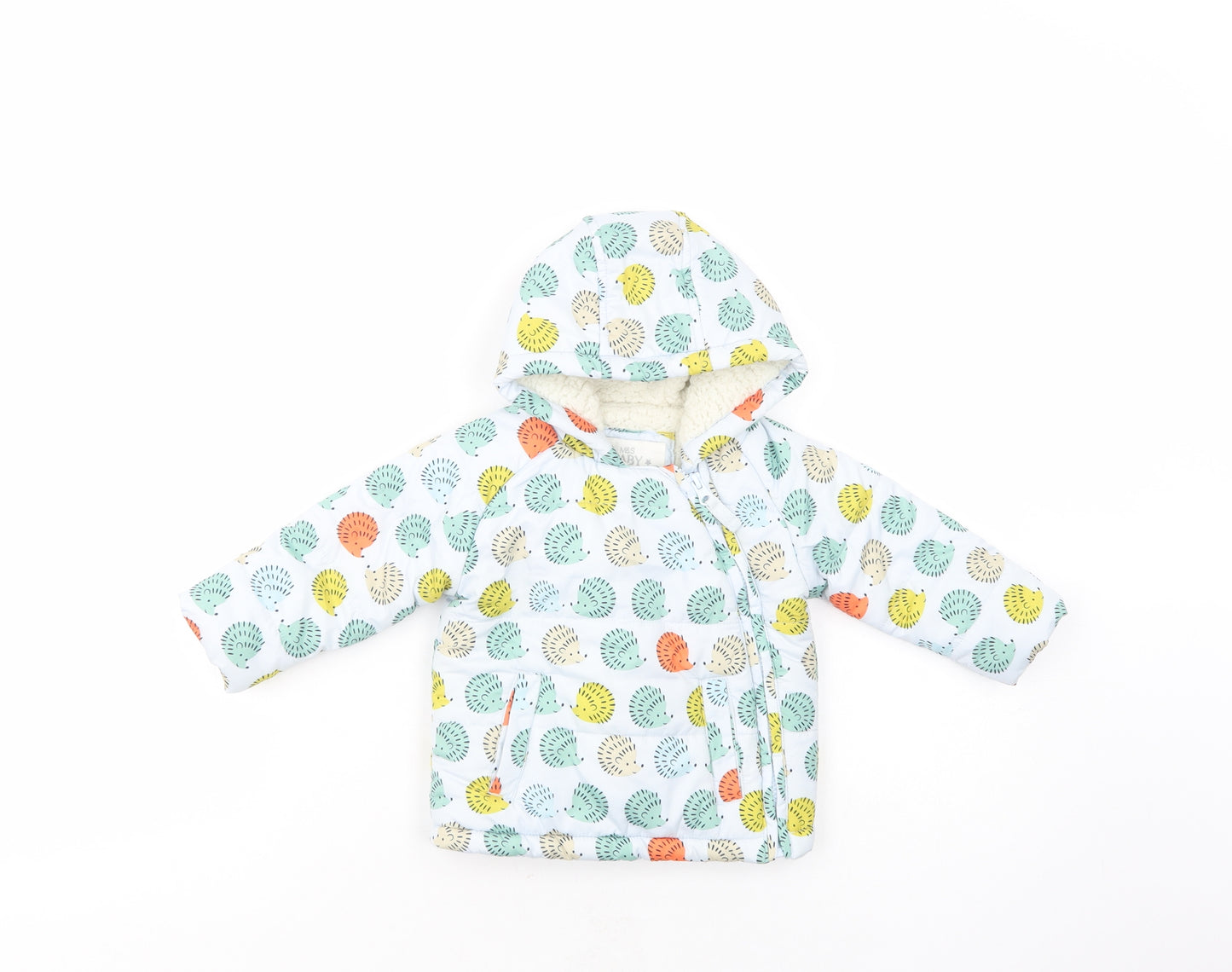 Marks Baby Blue Geometric  Puffer Jacket Jacket Size 6-9 Months   Zip - Hedgehog Print