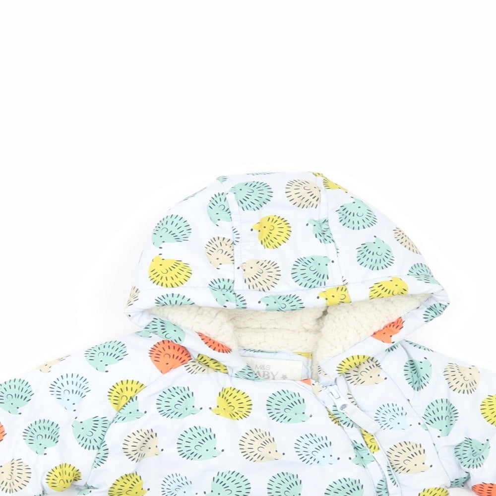 Marks Baby Blue Geometric  Puffer Jacket Jacket Size 6-9 Months   Zip - Hedgehog Print
