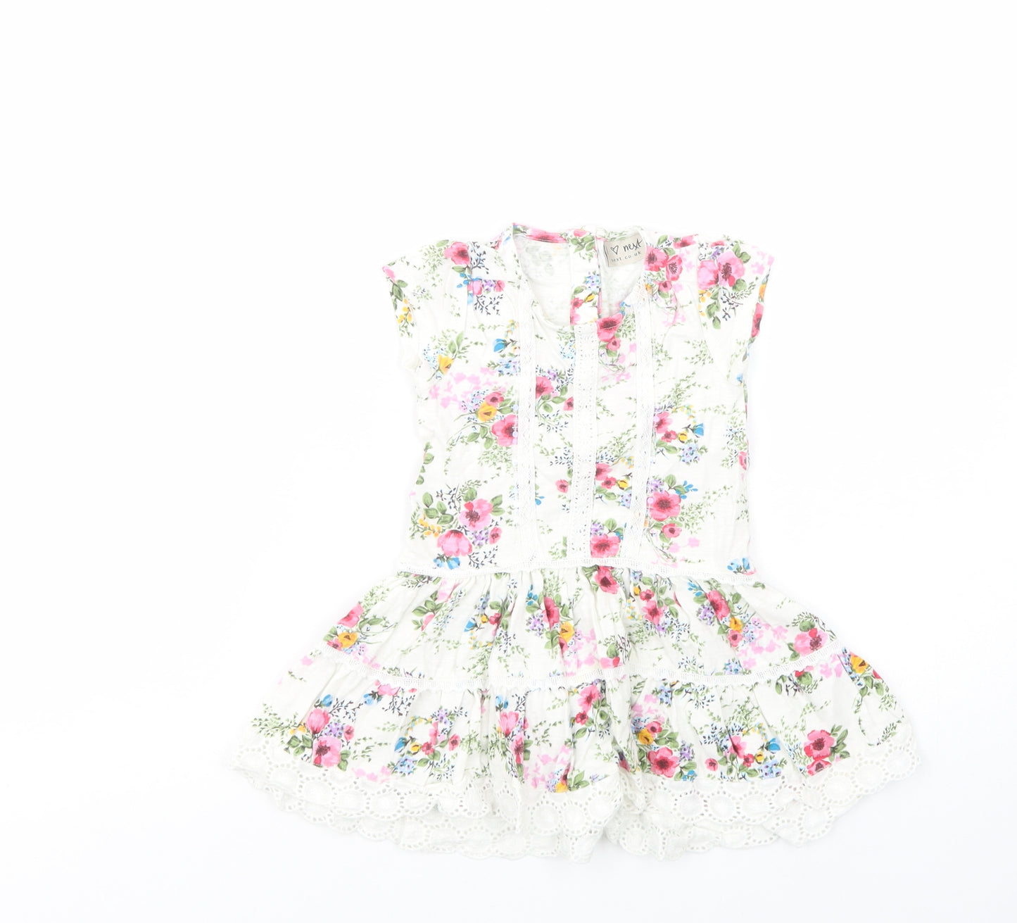 NEXT Baby White Floral Cotton Fit & Flare  Size 12-18 Months  Crew Neck Button - Lace Detail