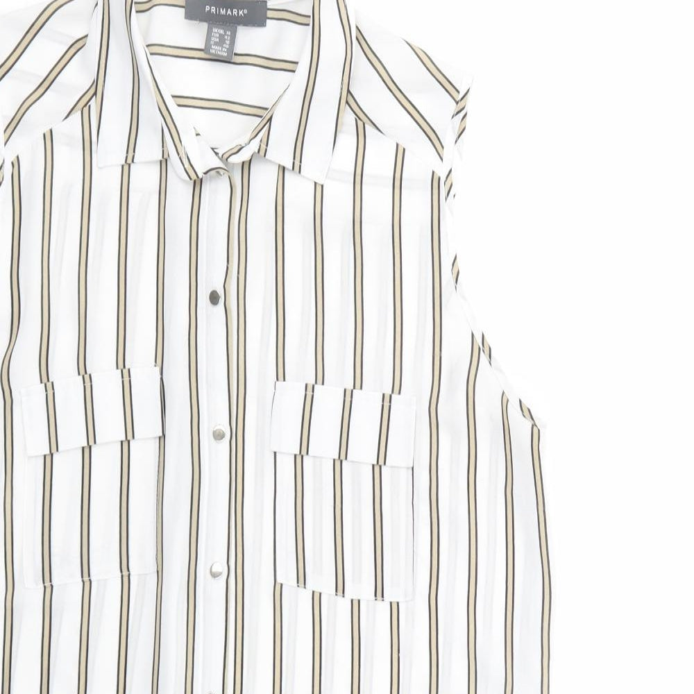 Primark Womens White Striped Polyester Tunic Button-Up Size 14 Collared