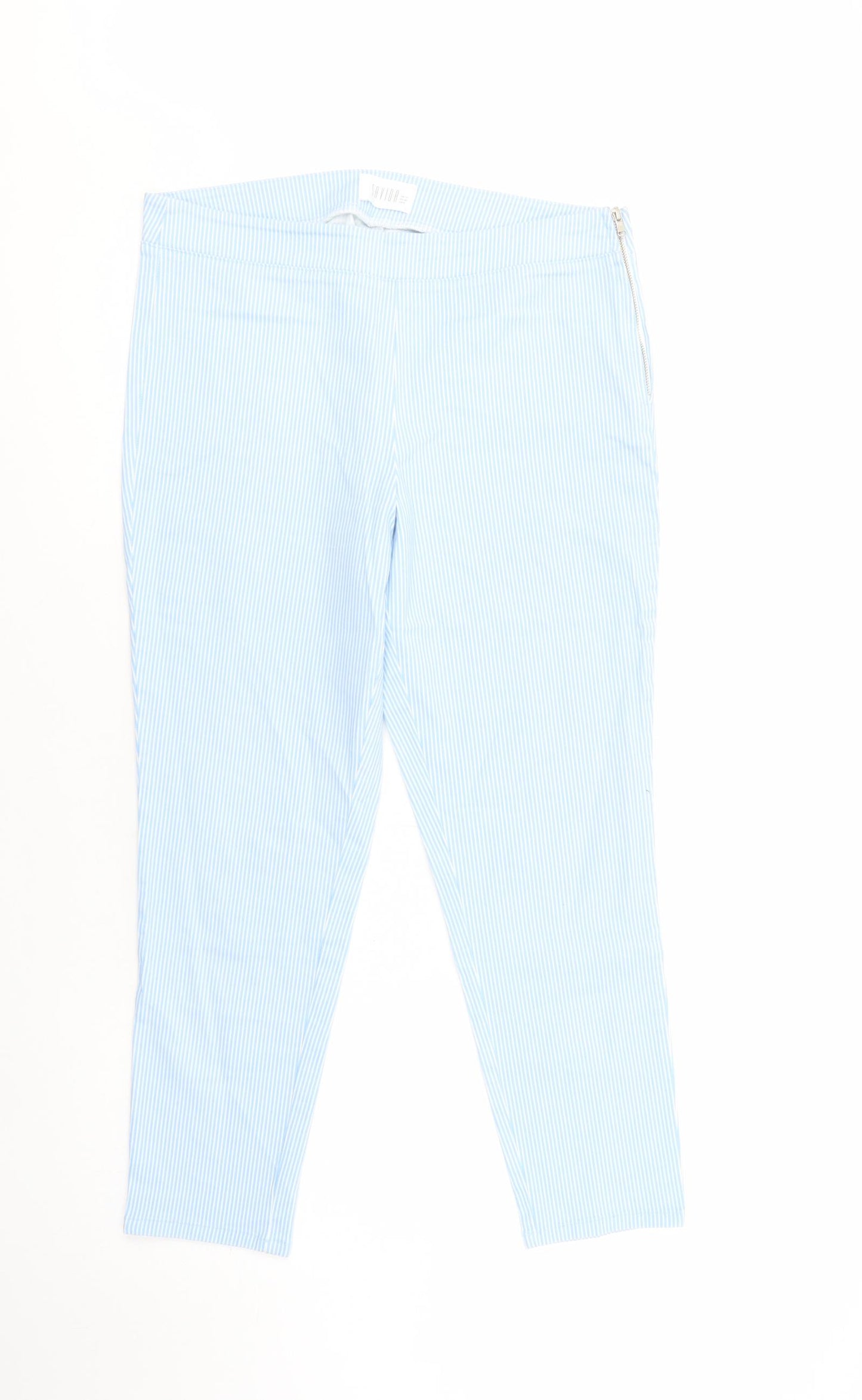Savida Womens Blue Striped Cotton Cropped Trousers Size 10 L25 in Regular Zip