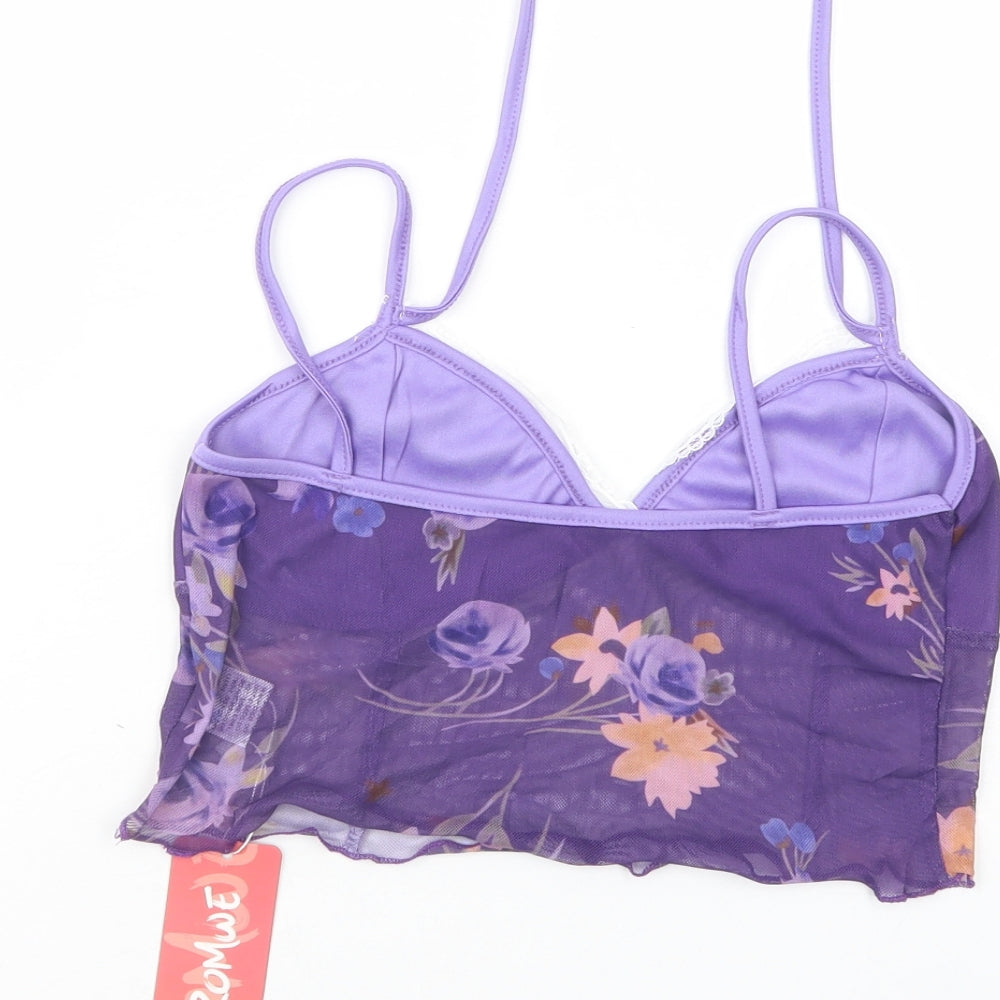 ROMWE Womens Purple Floral Polyester Cropped Tank Size M V-Neck