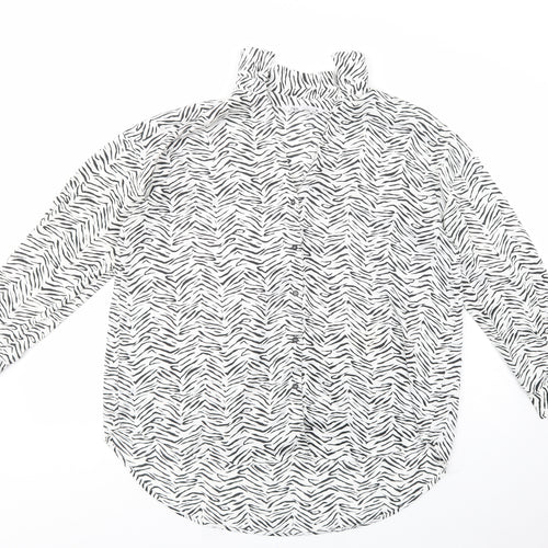 Zara Womens White Animal Print Polyester Basic Button-Up Size L Collared