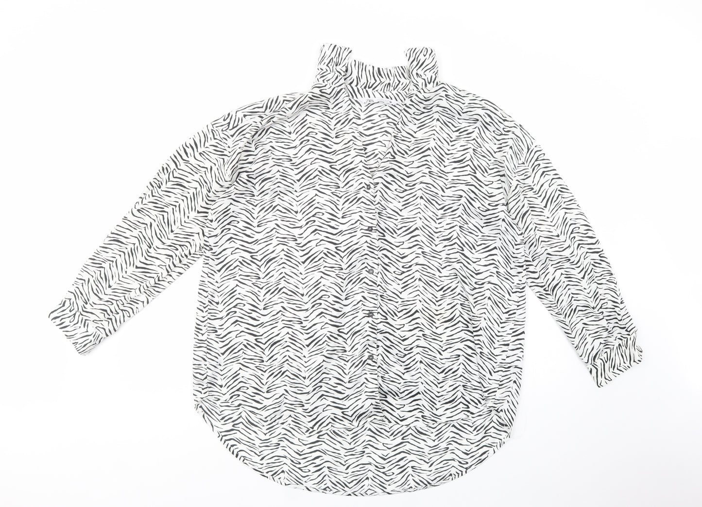 Zara Womens White Animal Print Polyester Basic Button-Up Size L Collared