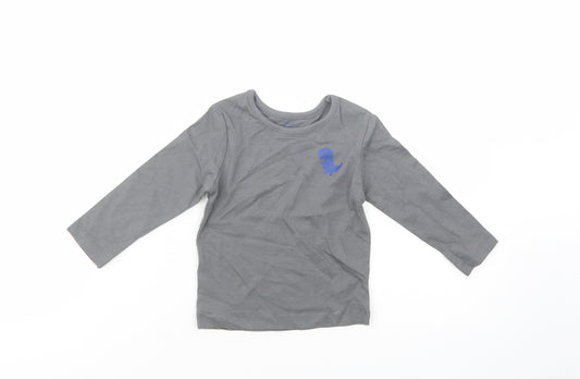 Front view of Studio Baby Grey Cotton Pullover T-Shirt, size 9-12, Months Crew Neck Pullover - Dino