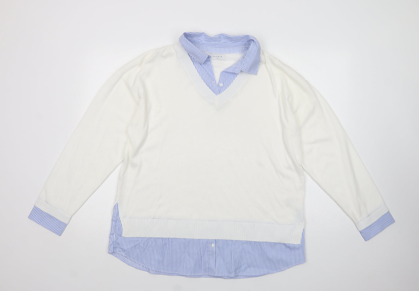 Papaya Womens White Collared Striped Viscose Pullover Jumper Size 16
