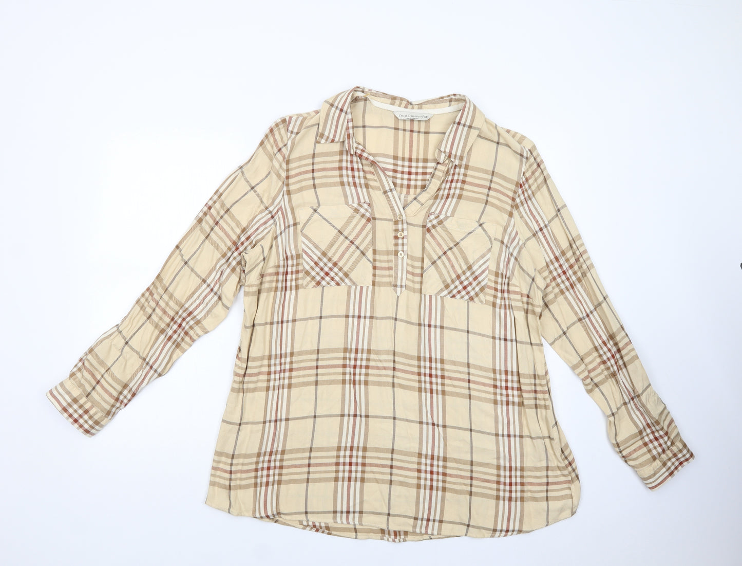 F&F Womens Beige Plaid Viscose Basic Button-Up Size 20 V-Neck