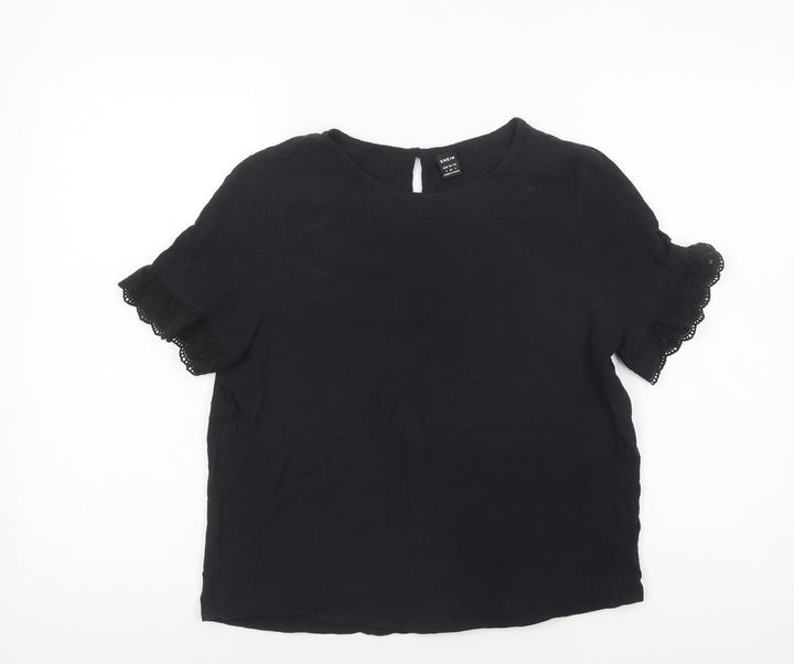 SheIn Womens Black Cotton Basic Blouse Size S Crew Neck - Lace Detail