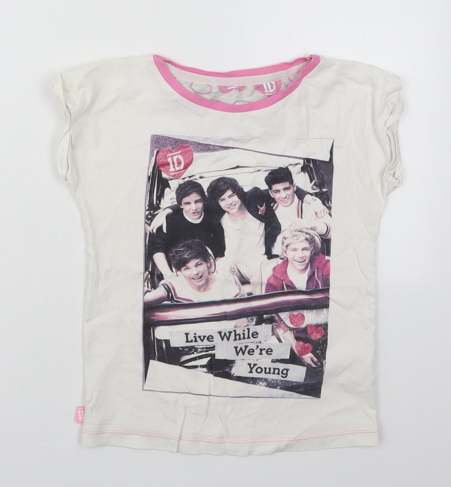 Marks and Spencer Girls White  Cotton Basic T-Shirt Size 7-8 Years Crew Neck Pullover - One Direction