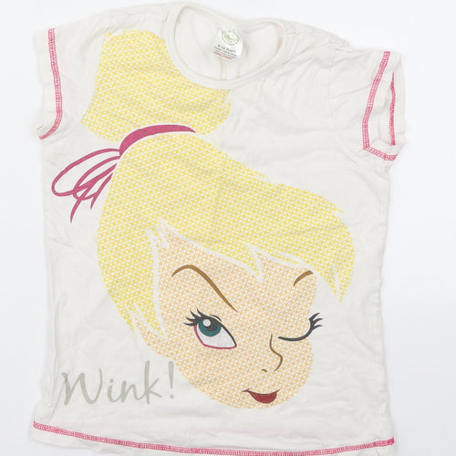 Disney Girls White  Cotton Basic T-Shirt Size 9-10 Years Crew Neck Pullover - Tinkerbell Wink
