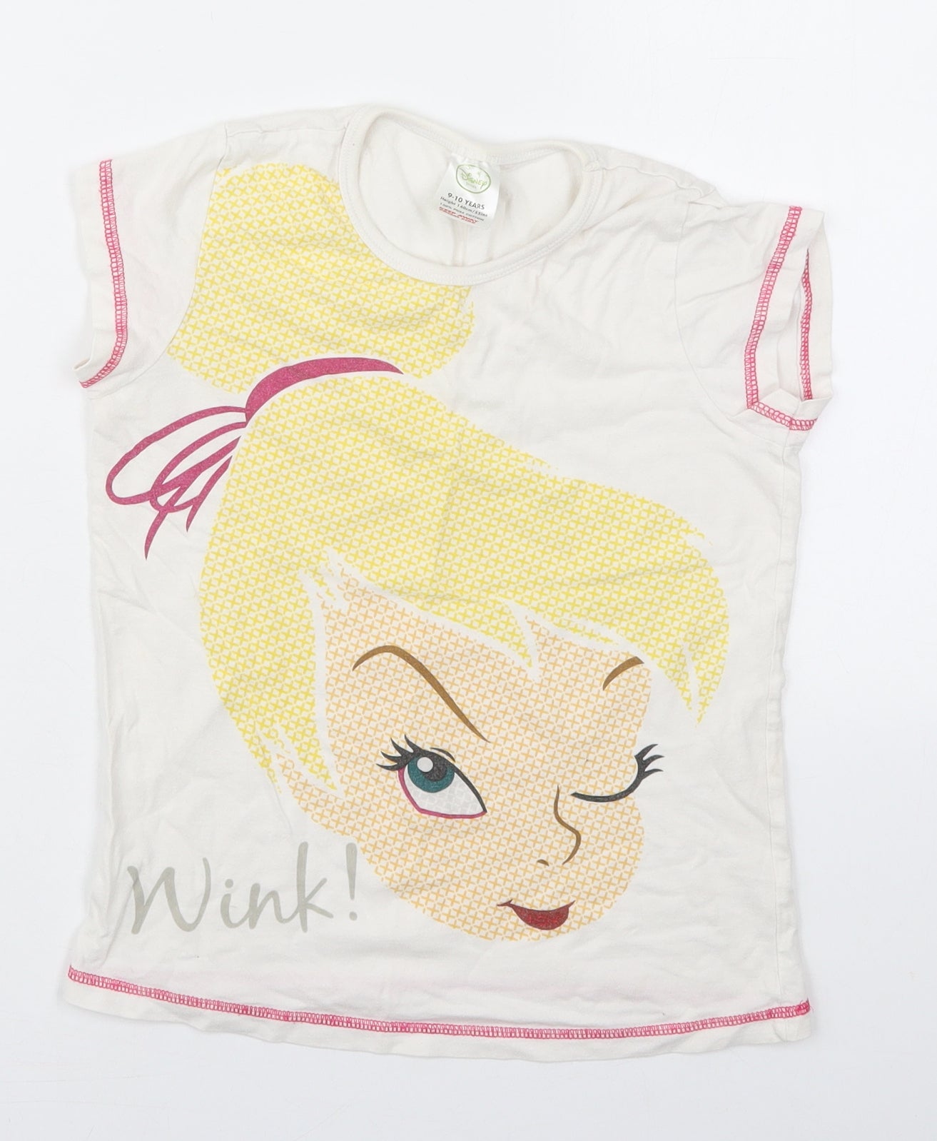 Disney Girls White  Cotton Basic T-Shirt Size 9-10 Years Crew Neck Pullover - Tinkerbell Wink
