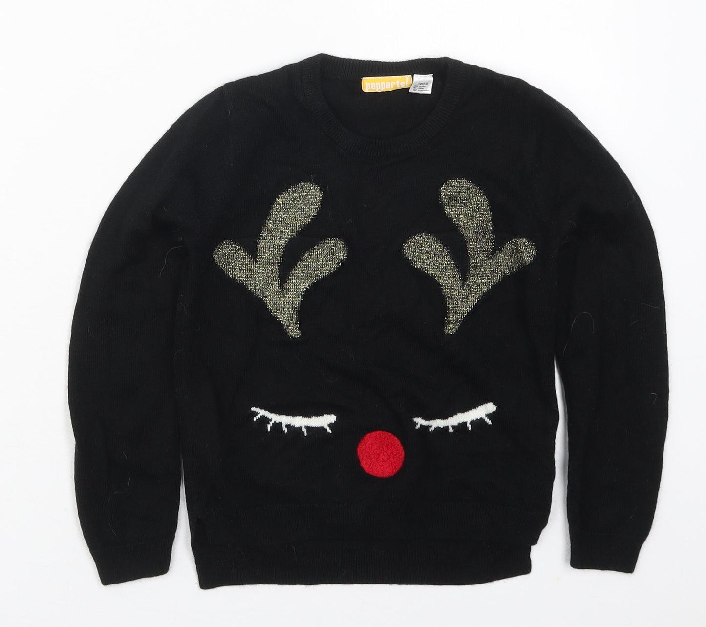 Pepperts Girls Black Crew Neck  Acrylic Pullover Jumper Size 6-7 Years  Pullover - Rudolph