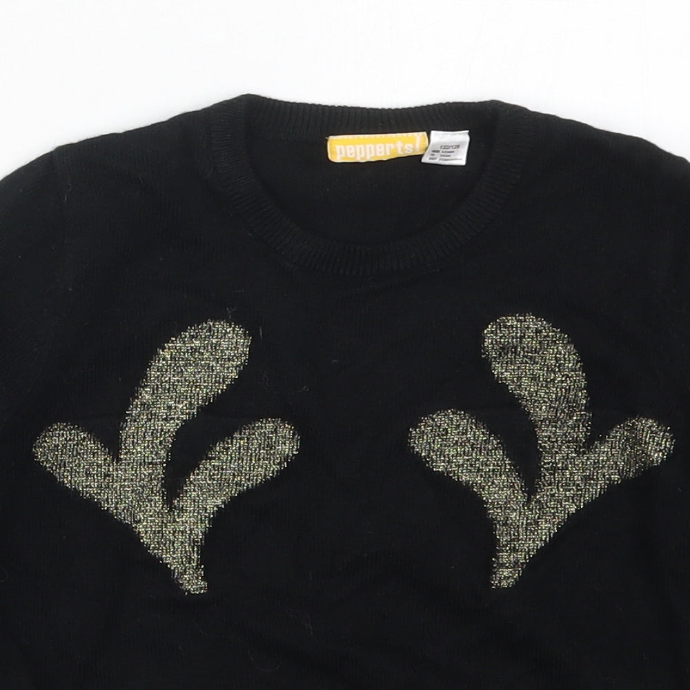 Pepperts Girls Black Crew Neck  Acrylic Pullover Jumper Size 6-7 Years  Pullover - Rudolph