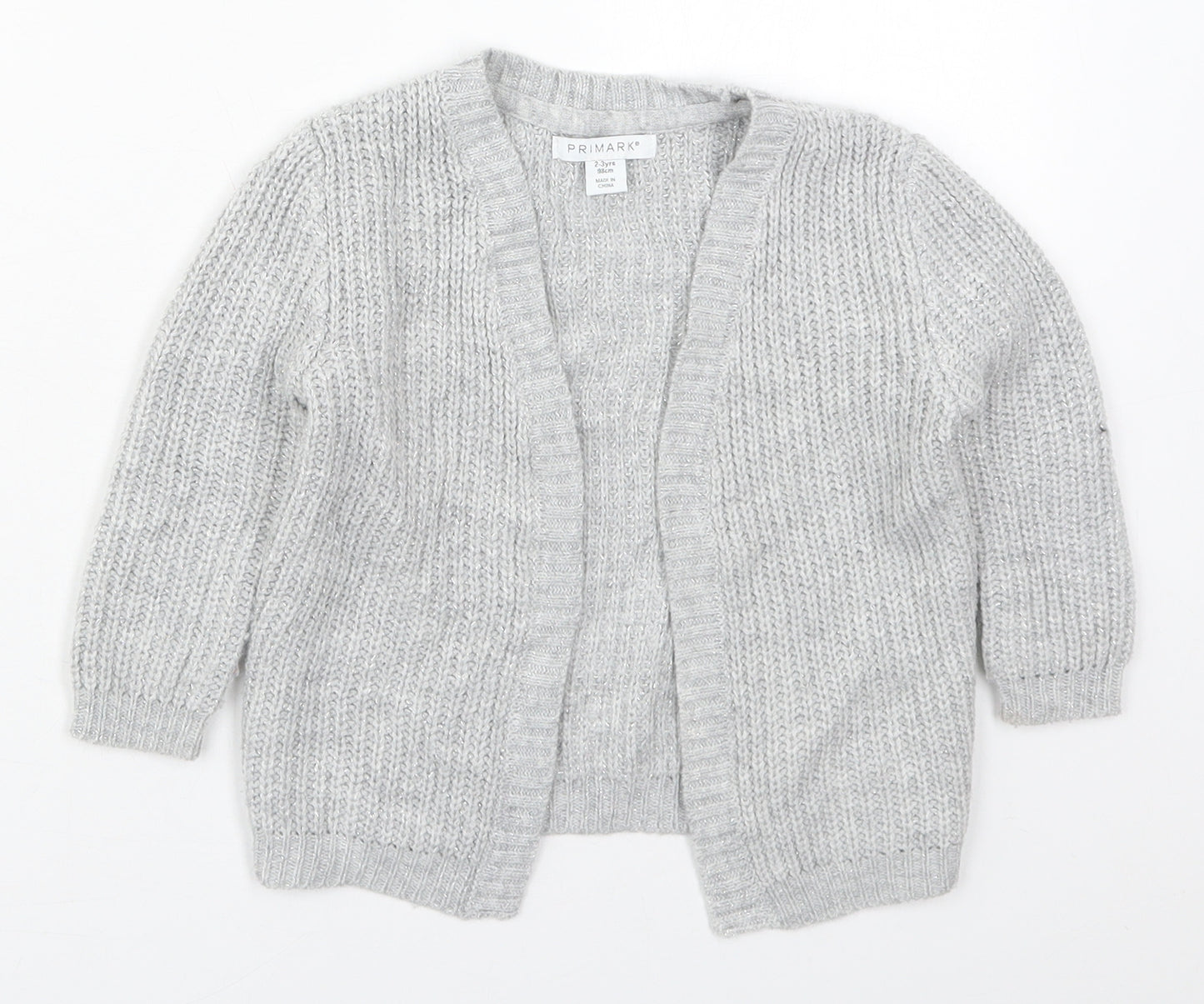 Primark Girls Grey V-Neck  Acrylic Cardigan Jumper Size 2-3 Years