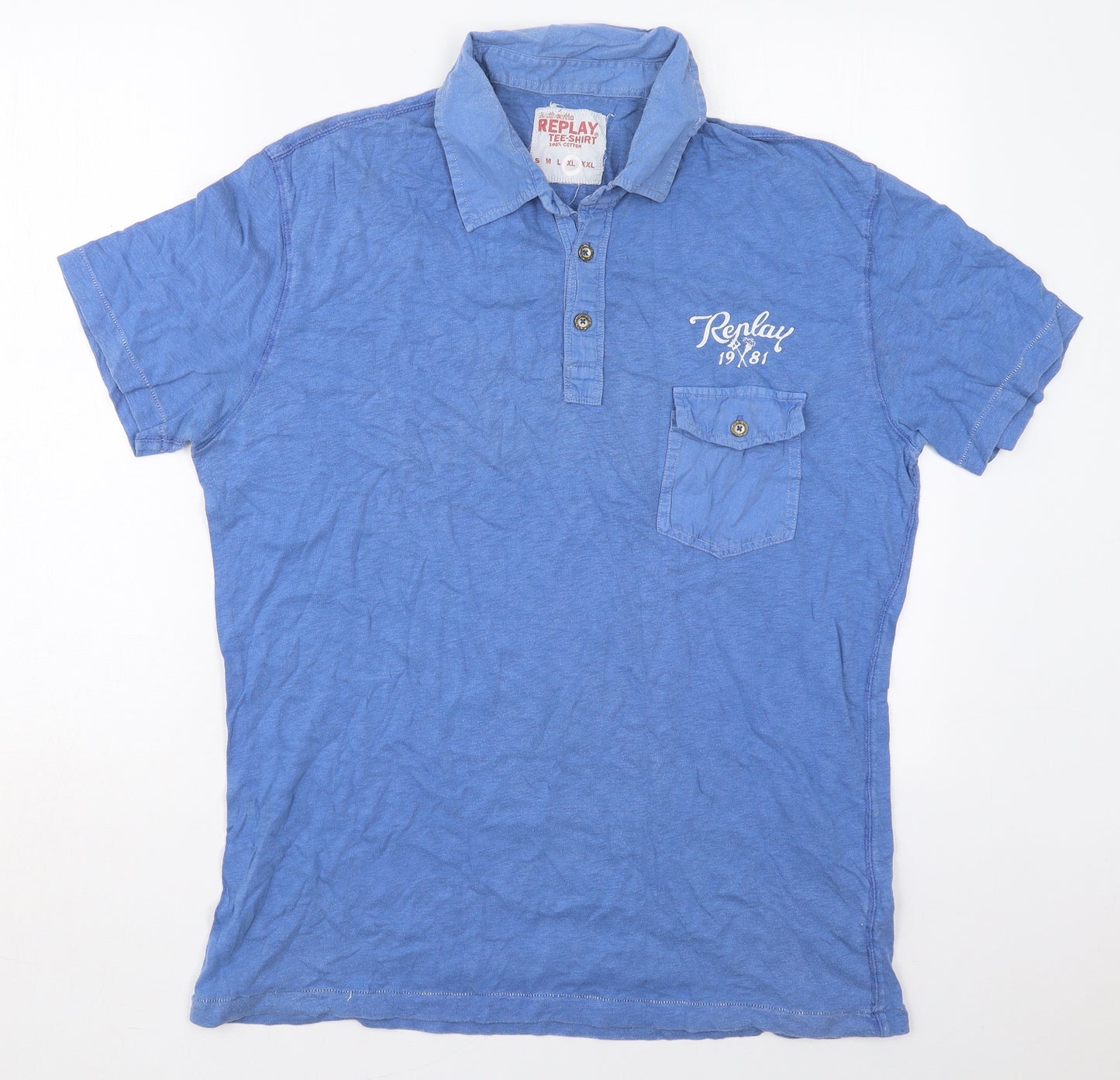 Replay Mens Blue  Cotton  Polo Size XL Collared Pullover