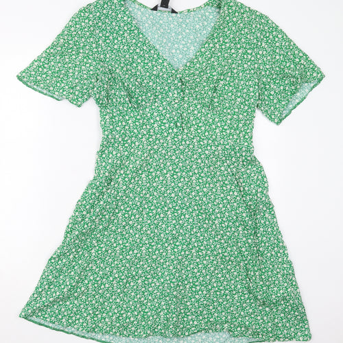 New Look Womens Green Floral Viscose Skater Dress  Size 12  V-Neck Pullover