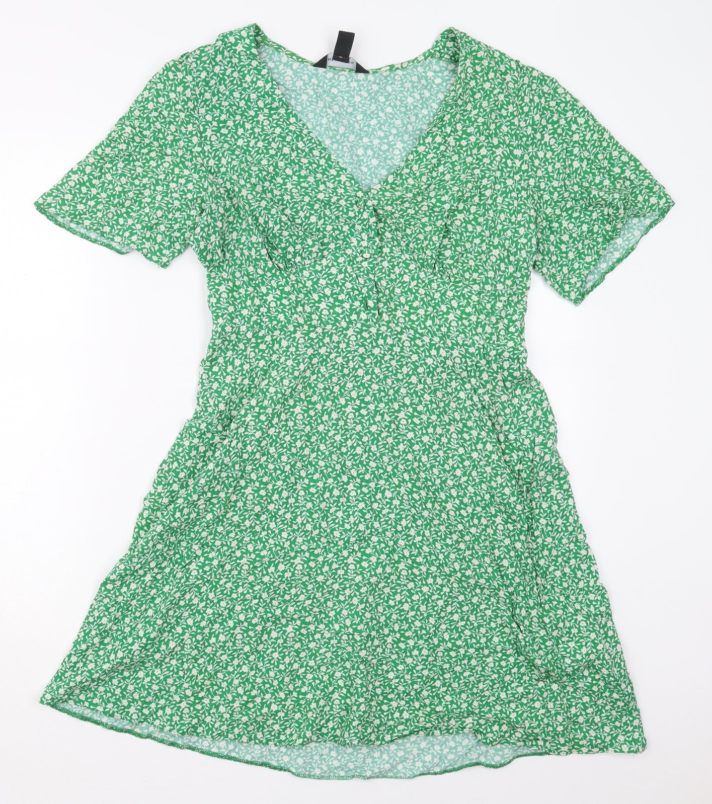 New Look Womens Green Floral Viscose Skater Dress  Size 12  V-Neck Pullover