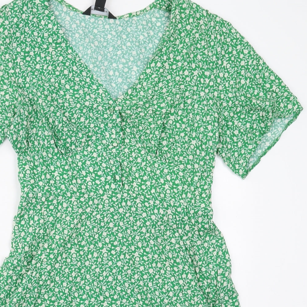 New Look Womens Green Floral Viscose Skater Dress  Size 12  V-Neck Pullover