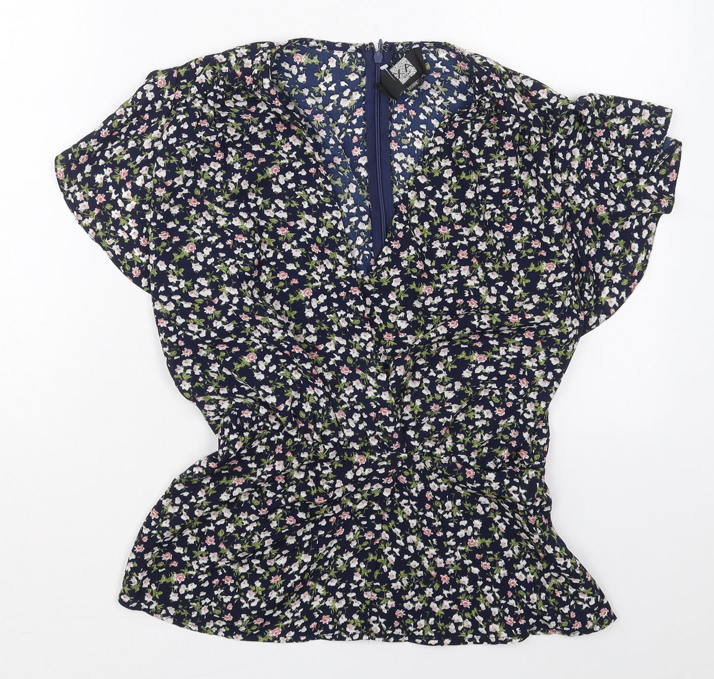 AX Paris Womens Blue Floral Polyester Basic Blouse Size 8 V-Neck