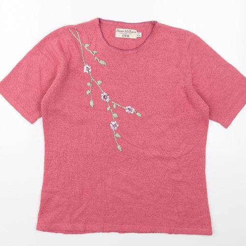 EWM Womens Pink Round Neck Floral Acrylic Pullover Jumper Size 14